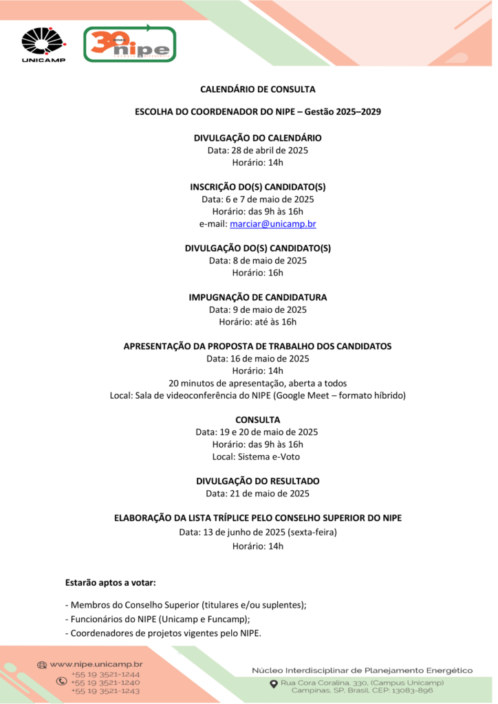 Calendário de Consulta - Escolha do Coordenador do NIPE - Gestão 2025/2029